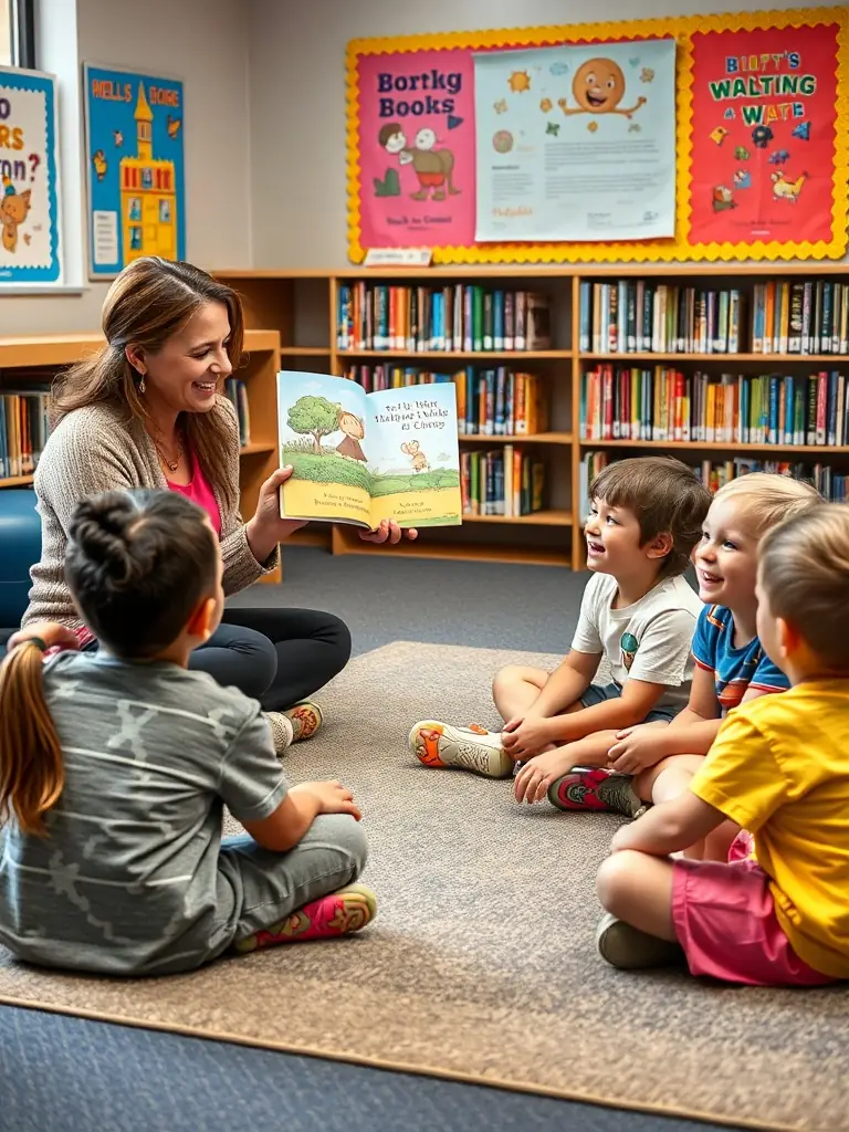 A vibrant photo of children participating in a storytelling session at PAIMPOLIRA, with a librarian reading aloud from a colorful picture book.