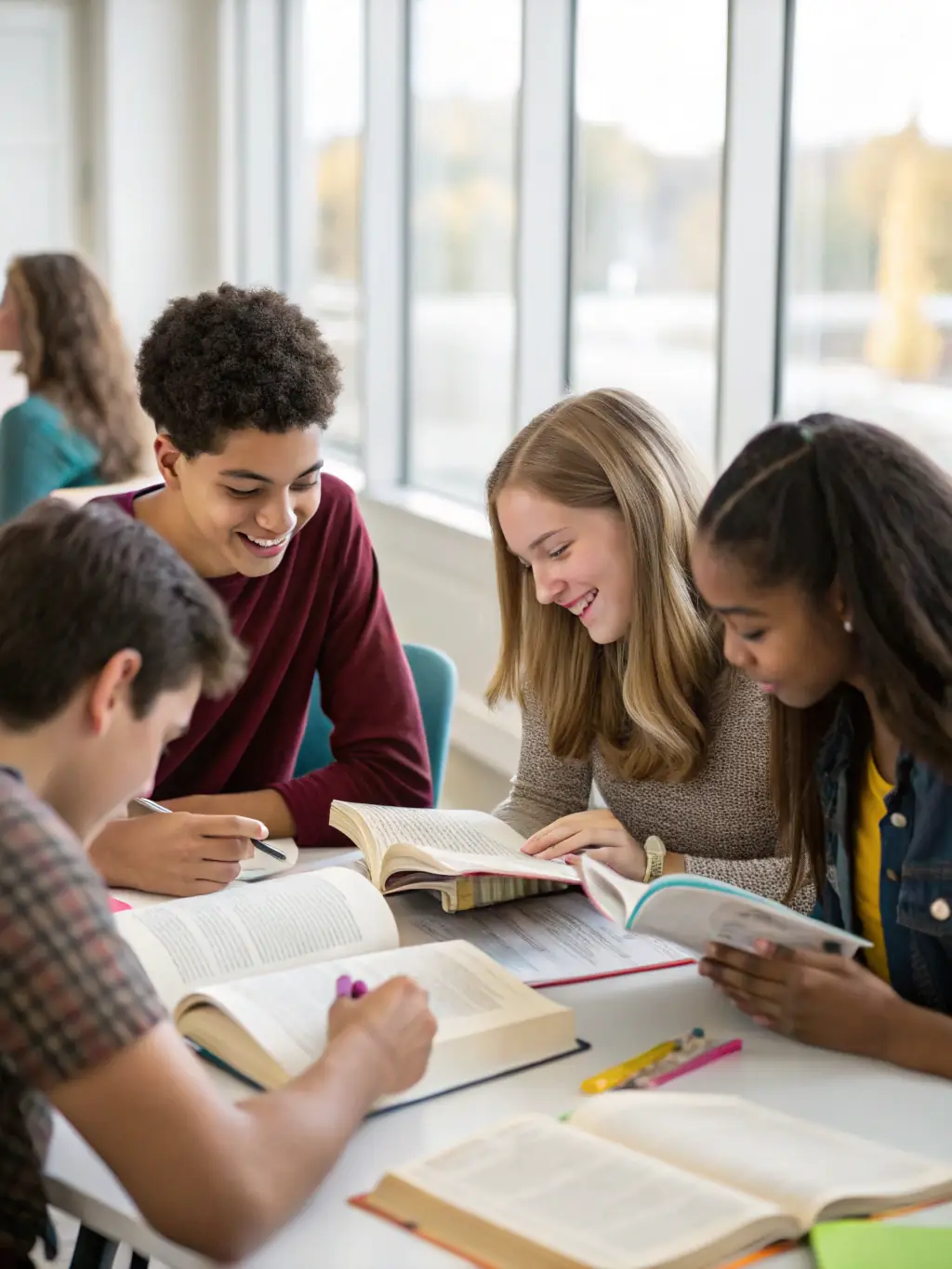 A photograph of teenagers participating in a book club discussion at PAIMPOLIRA, showing them engaged in a lively conversation about a book, emphasizing the library's role in fostering intellectual curiosity.