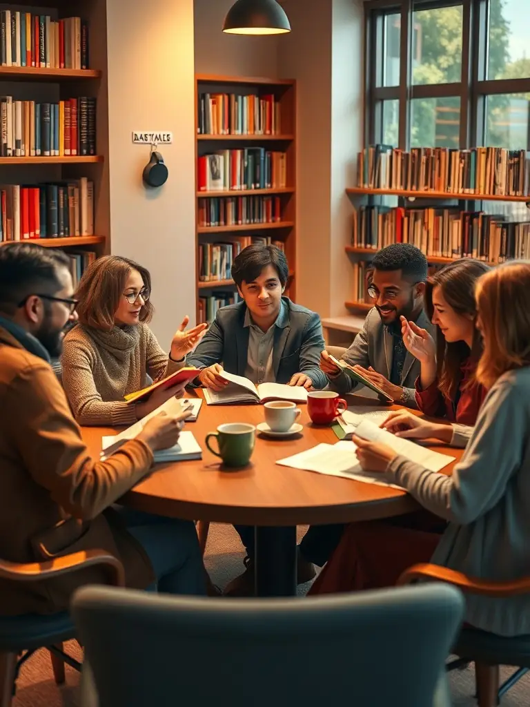 A diverse group of people participating in a book club discussion at PAIMPOLIRA, sharing their thoughts and insights on a selected novel.