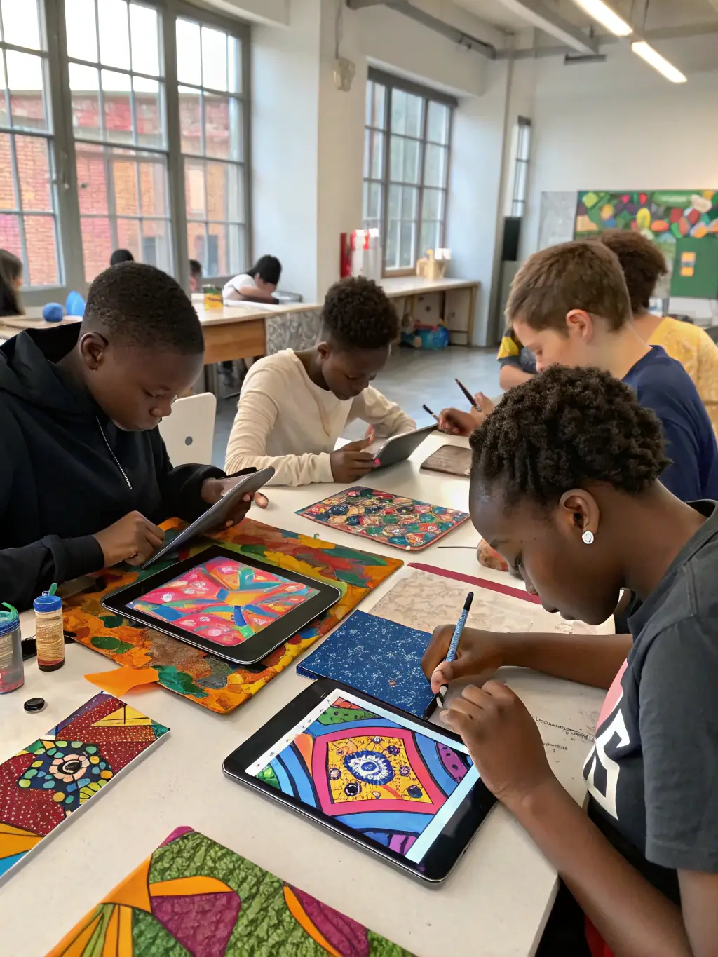 A photo of teenagers working on a creative project during a teen program at PAIMPOLIRA, showcasing their artwork and collaborative efforts.