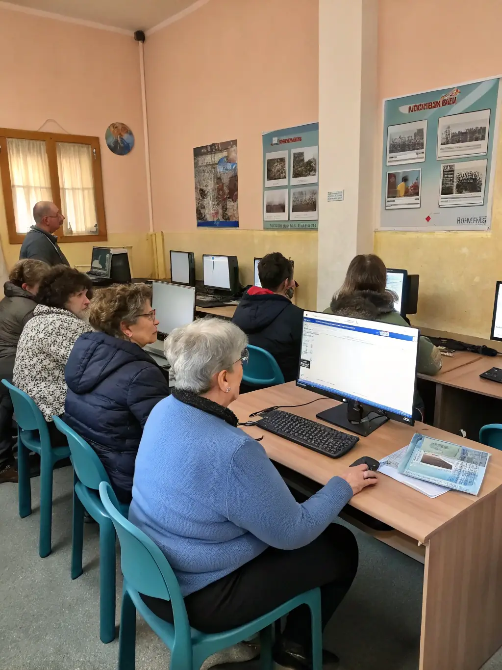 A photograph of adults attending a digital literacy workshop at PAIMPOLIRA, showing participants learning how to use computers and online resources, highlighting the library's commitment to digital inclusion.