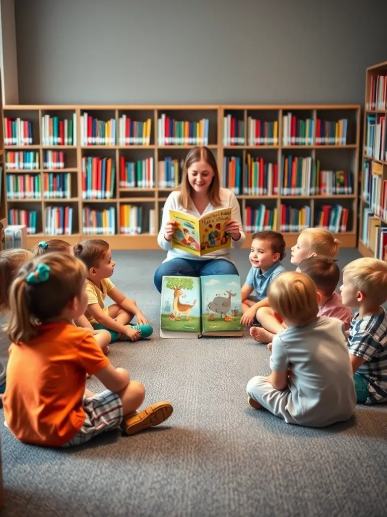 A photograph of children participating in a storytelling session at PAIMPOLIRA, with a librarian reading aloud and the children listening attentively, capturing the joy of reading and learning.